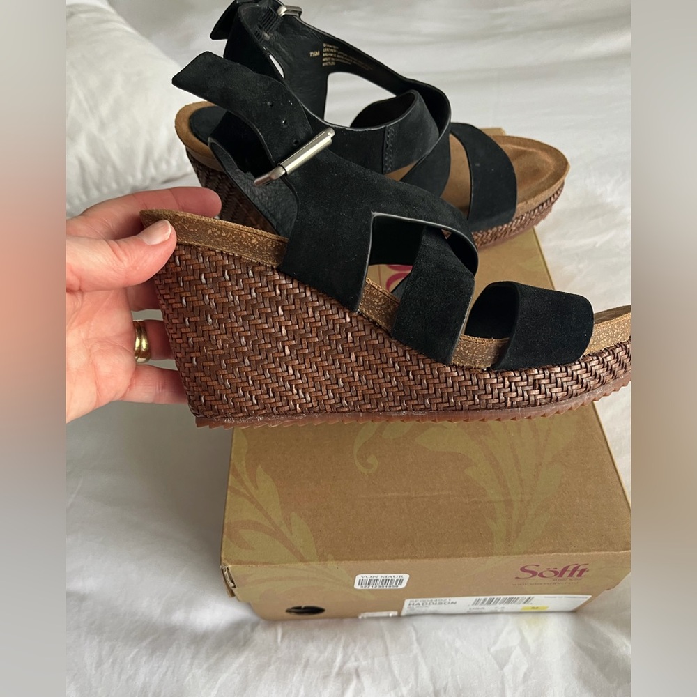 Sofft Black Suede Strappy Wedge Sandals with Woven Platform